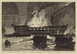 Das Brennen des römisch-katholischen Erziehungsschiffs Clarence auf dem Mersey